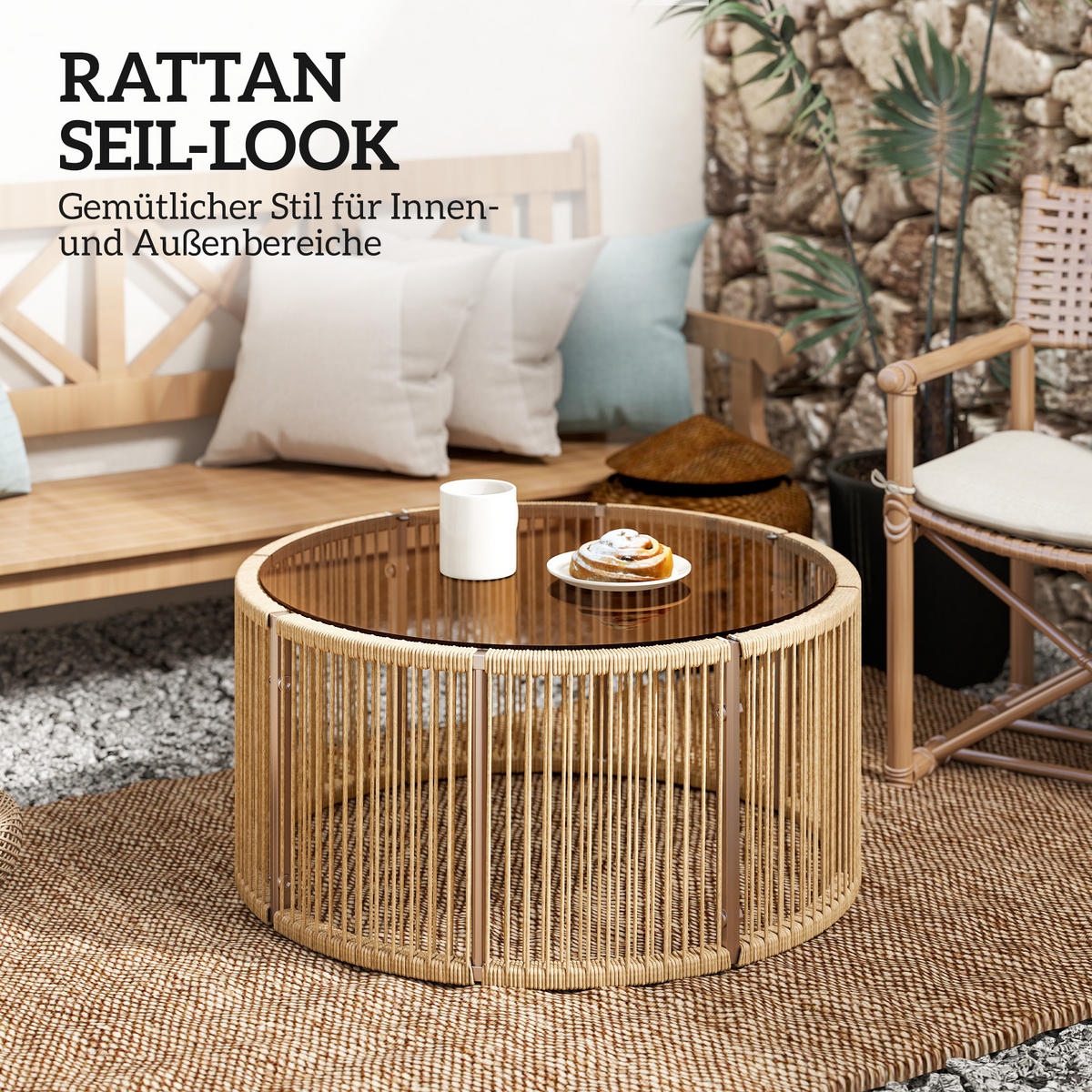 BEISTELLTISCH aus PE-Rattan 70/70/33 cm Braun - Braun, Kunststoff/Metall (70/70/33cm) - Outsunny