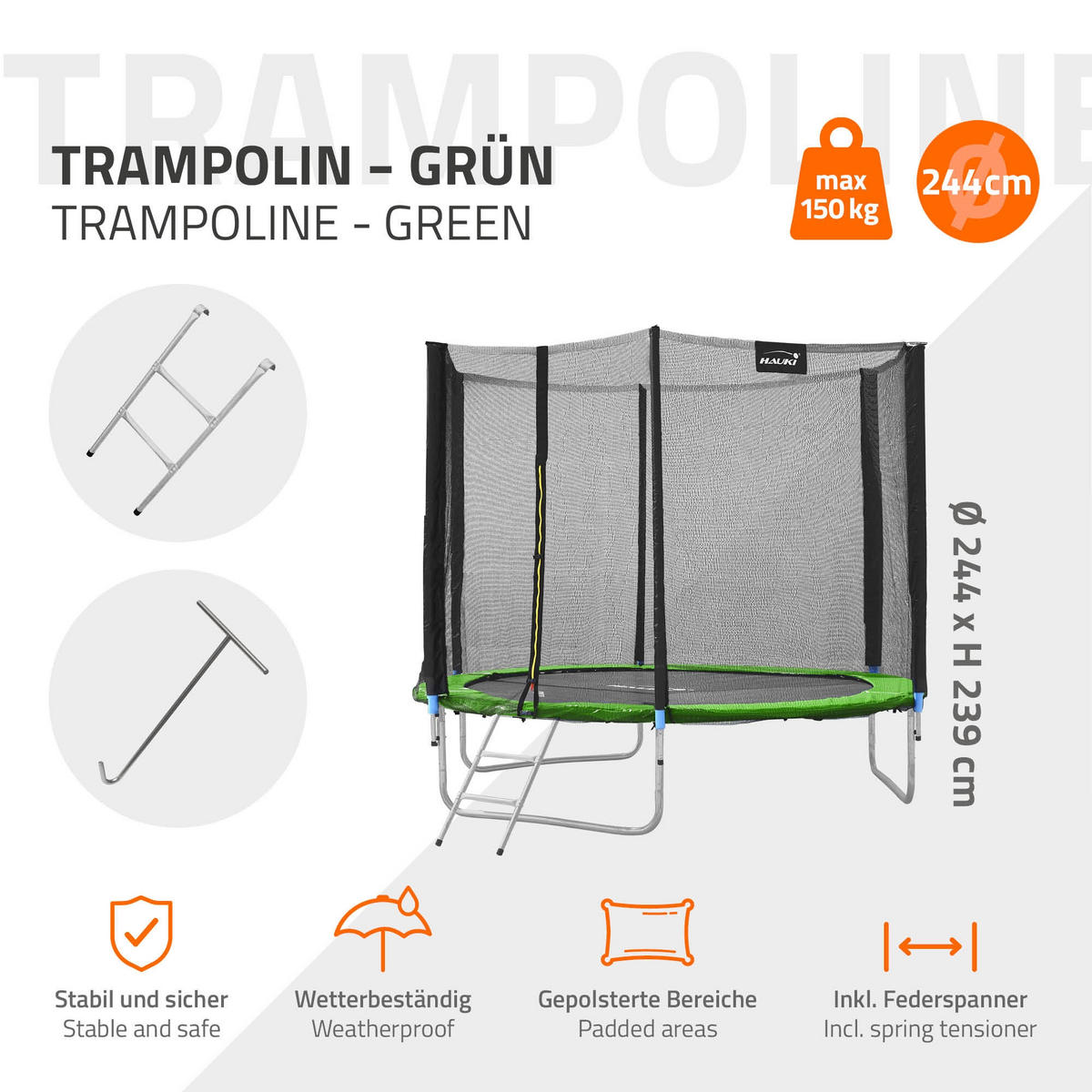 TRAMPOLIN 244 cm grün - Grün, Metall (244/239/244cm) - Hauki