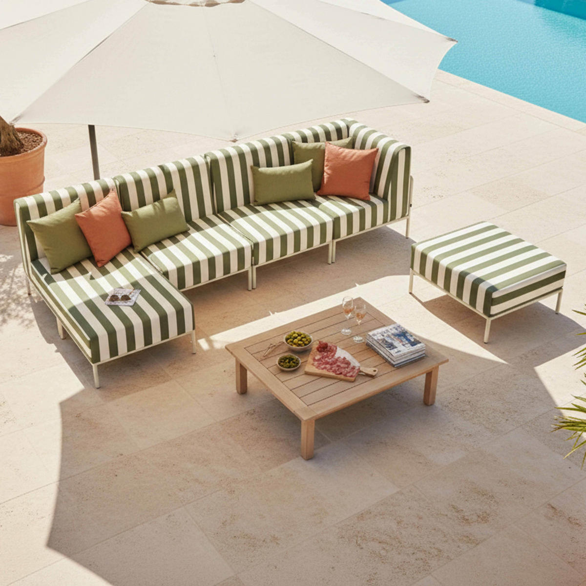 GARTENSOFA mit 5 Sitzplätzen, Khakigrün - Grün, Textil - Oviala