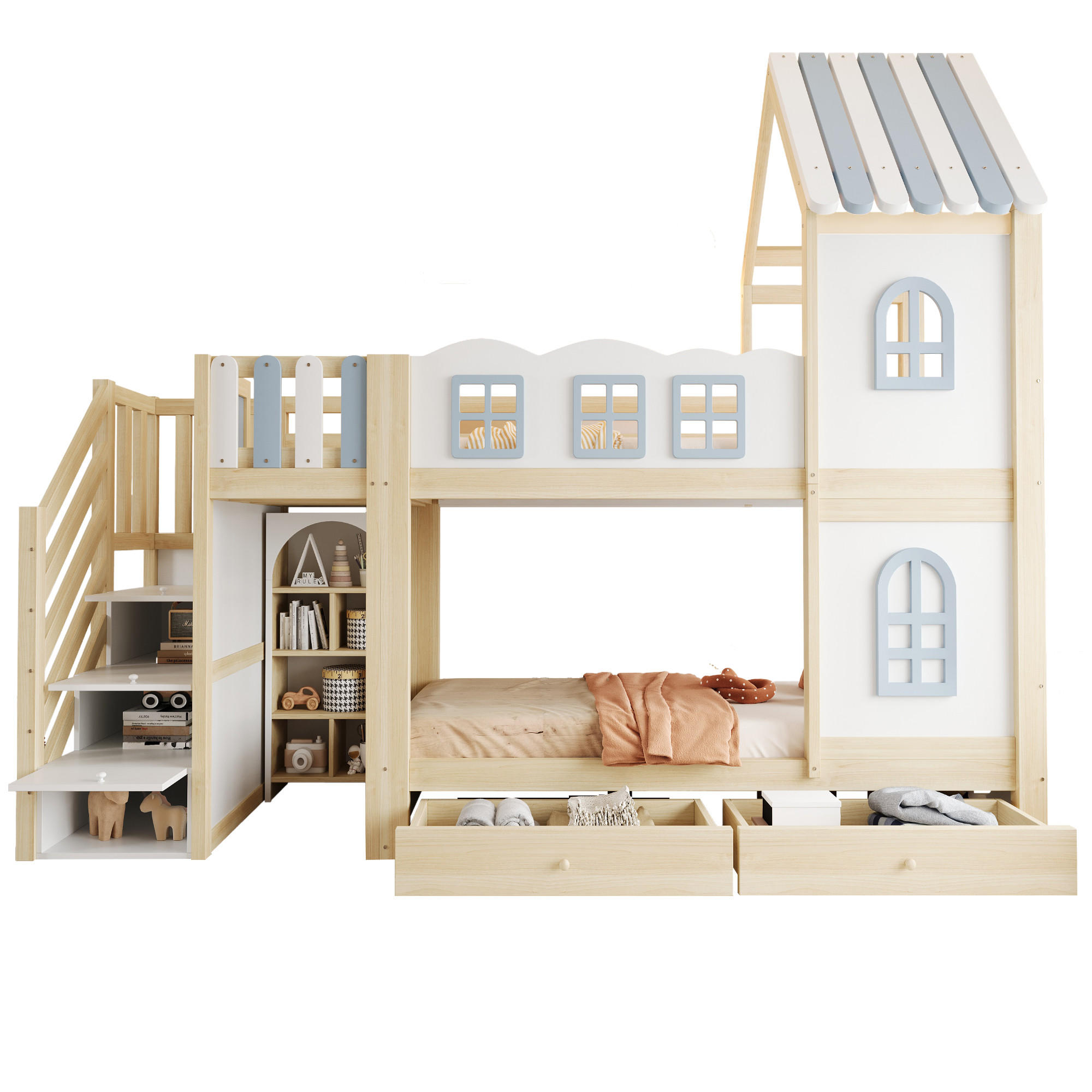 ETAGENBETT 90x200cm Holz Kinderbett Wolkendesign Stauraum Weiß - Weiß, Holz (90/200cm) - FLIEKS