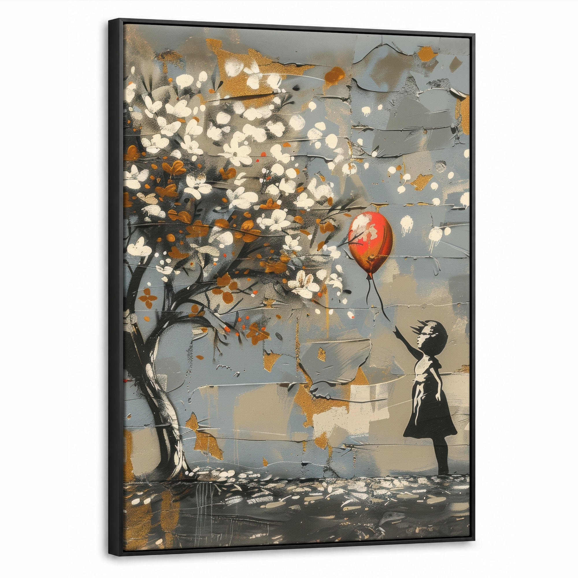 LEINWAND Bilder mit Rahmen - Baum - Graffiti - Banksy-Stil - Ballon-Mädchen - 60x80 - Blaugrau, Textil (60/80cm) - MuchoWow