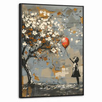 LEINWAND Bilder mit Rahmen - Baum - Graffiti - Banksy-Stil - Ballon-Mädchen - 50x70 - Blaugrau, Textil (50/70cm) - MuchoWow