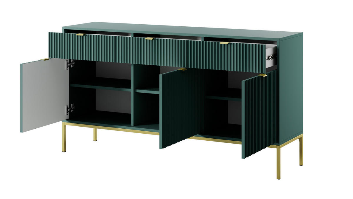 SIDEBOARD Eternas 3T 3S Grün 154/83/39 cm – goldene Füße, mit geriffelten Fronten - Goldfarben/Grün, Holzwerkstoff (154/83/39cm) - AX Living