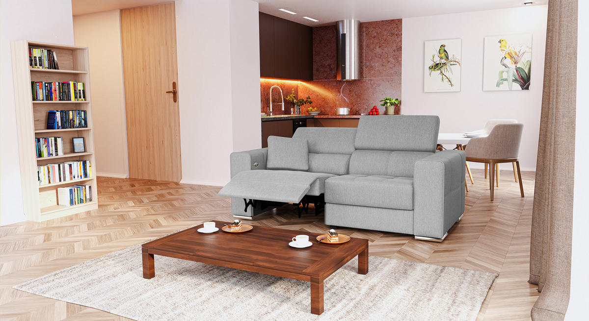 SOFA QUARTZ 3-Sitzer mit 1 Relaxfunktion, hellgrau - Silberfarben/Hellgrau, Holzwerkstoff/Textil (204/80/102cm) - Courtois Laville