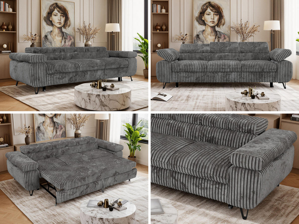 TŘÍMÍSTNÁ POHOVKA PETER 3 s rozkládací funkcí - Šedá Manšestr - šedá/černá, kov/textil (262/76/99cm) - MKS