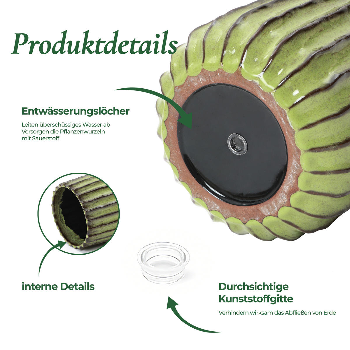 GRÜNER Keramik-Blumentopf, Durchmesser 21 cm, Höhe 21,5 cm - Grün, Keramik (21cm) - Hometopia