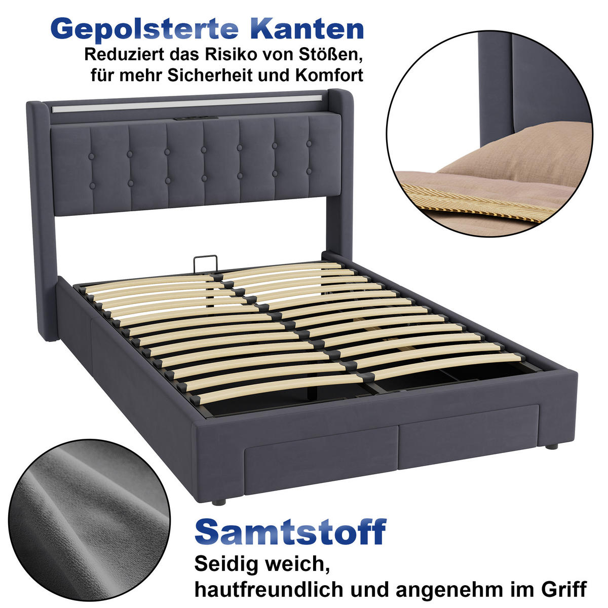 POLSTERBETT 140/200 cm mit Stauraum und Steckdose, mit Schubladen, ohne Matratze - Grau, Holzwerkstoff/Textil (140/200cm) - STILVORA