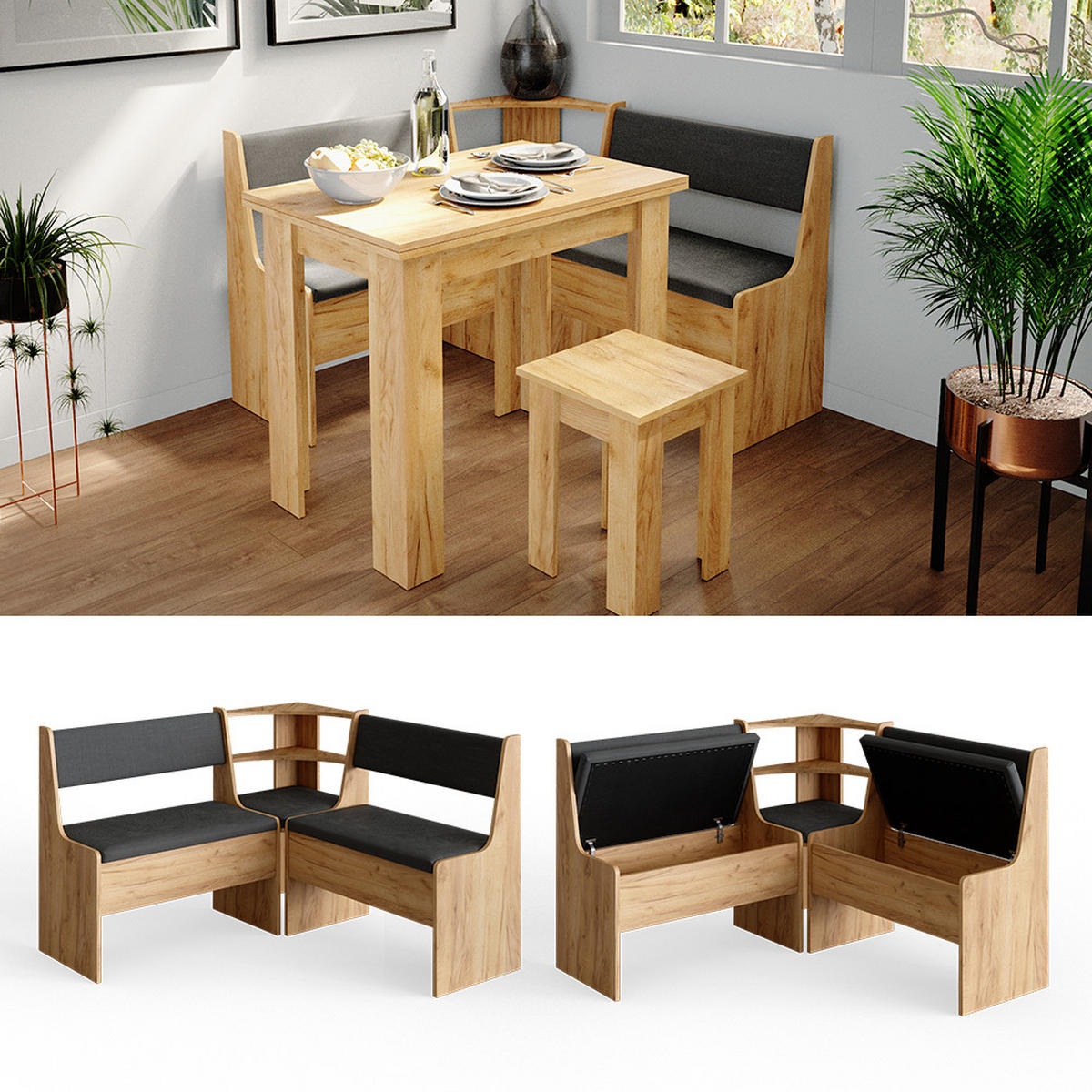 ECKBANK Roman Goldkraft Eiche 120 x 41.5 cm - Anthrazit/Eiche Wotan, Holzwerkstoff (120/120cm) - Vicco