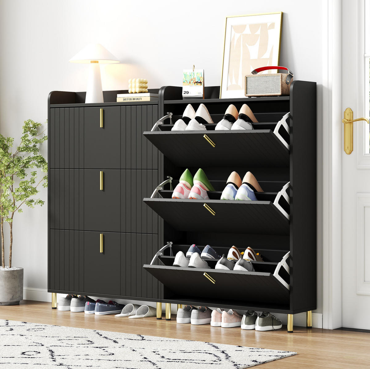 SCHUHSCHRANK-SET 80/23/123,5 cm aus MDF mit verstellbaren Regalböden und Kippsicherung, Schwarz - Schwarz, Holzwerkstoff (80/123/23cm) - Redom