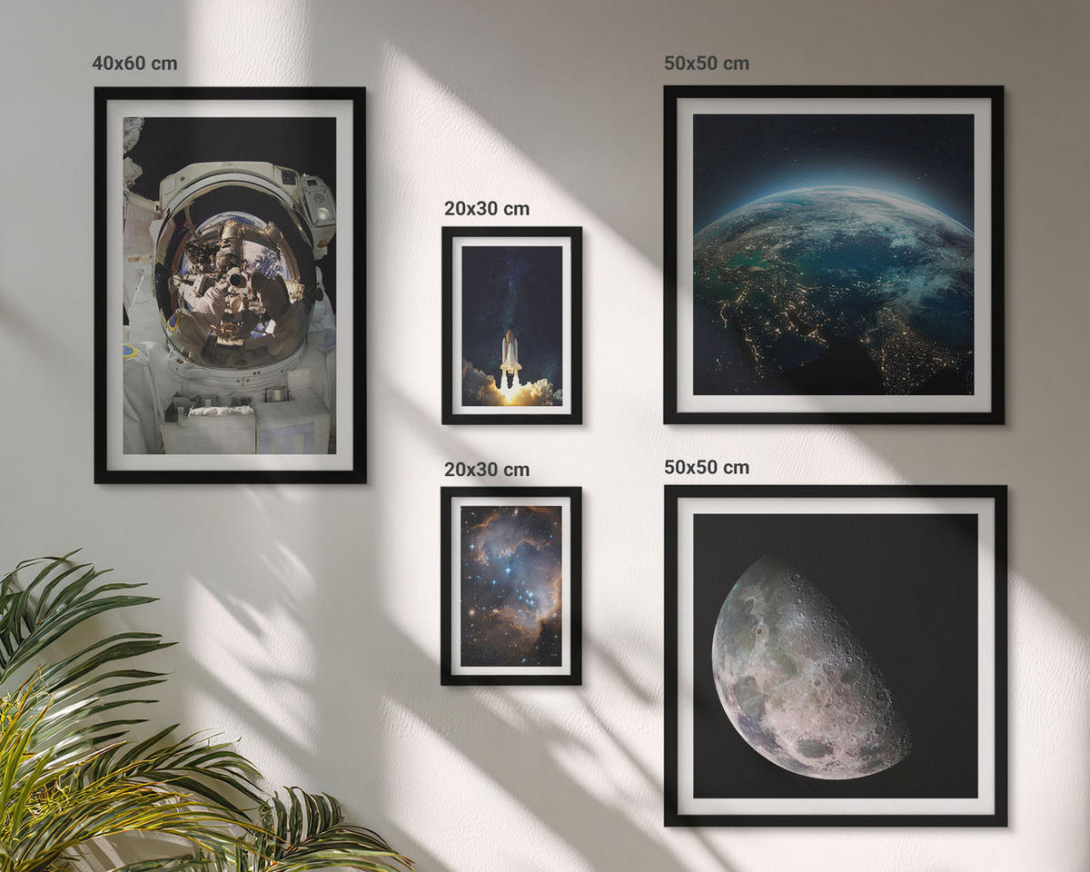 BILDER SET 5er Set - 50x50 cm & 20x30 cm & 40x60 cm Schwarzer Rahmen - Weltraum Erde Rakete Galaxie - Schwarz, Kunststoff (40/60cm) - TULUP