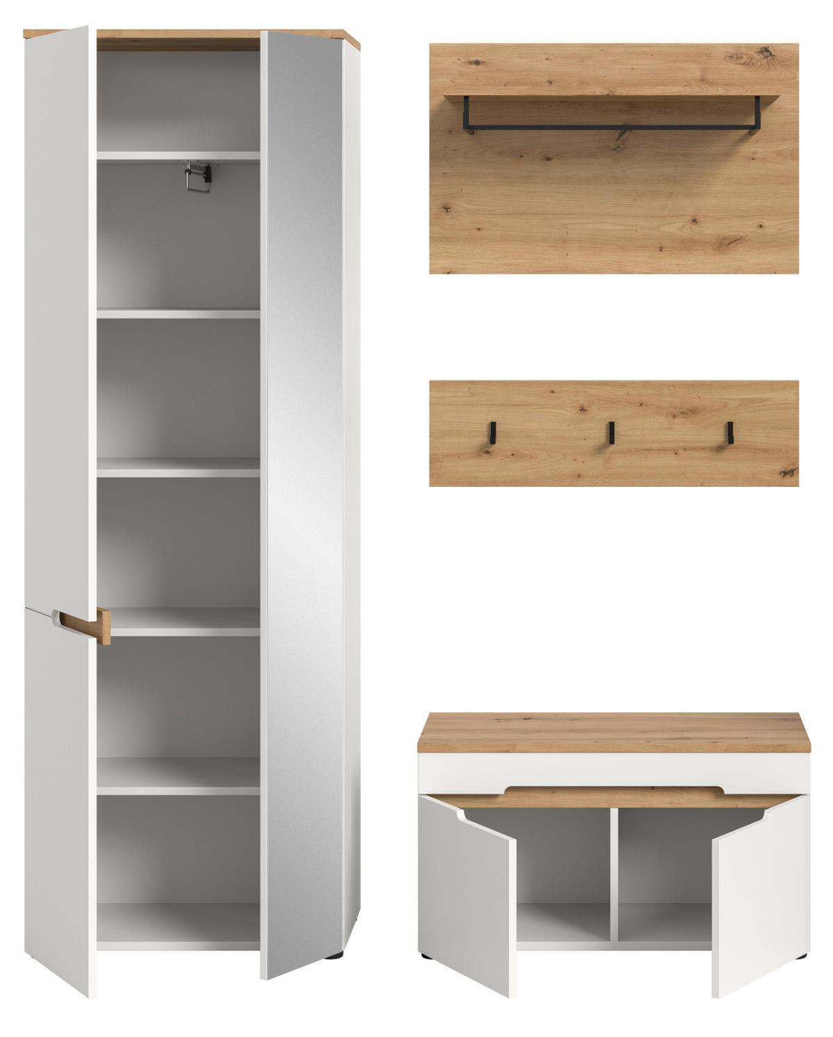 GARDEROBEN-SET weiß, Eiche Artisan 4-teilig 160 cm, Komplett-Set mit Soft-Close - Weiß, Glas/Holzwerkstoff (160/190/37cm) - Inn.Furn