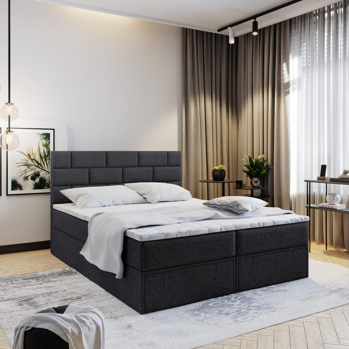 BOXBETT ARINOS 160x200 cm mit Matratze und Topper - Schwarz - Schwarz, Holz (160/200cm) - MASSENO