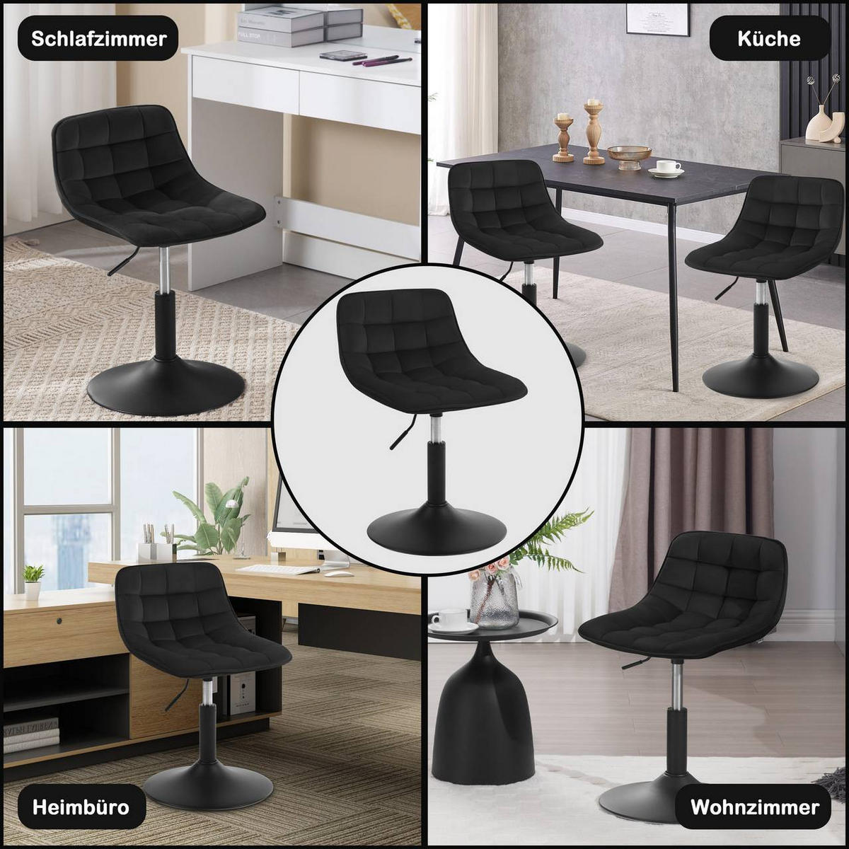 BARHOCKER Mehrzweck 360° Schwenken Samt, Schwarz - Schwarz, Textil/Metall (42.5/72/45cm) - Woltu