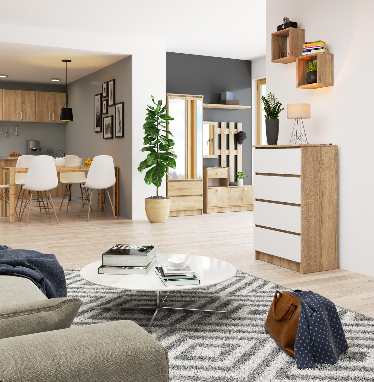 KOMMODE Eiche Sonoma, Weiß 99/60/40 - Weiß, Holzwerkstoff (60/99/40cm) - RAUMHIRSCH FURNITURE