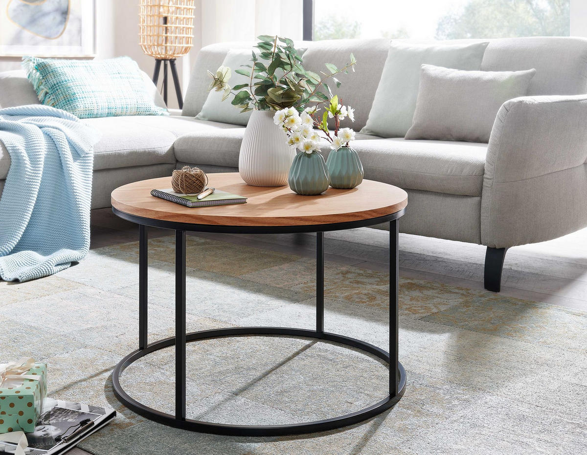 COUCHTISCH in Eichenholz-Optik mit Metallgestell und pflegeleichter Oberfläche - Schwarz/Braun, Holz/Metall (70/70/45cm) - KADIMA DESIGN