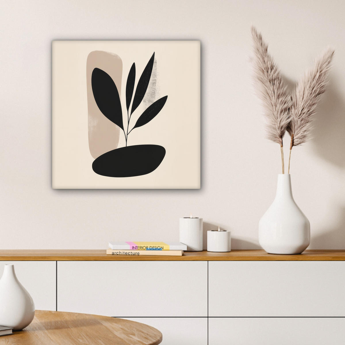 LEINWANDBILD Pflanze - Beige - Japanisch 50x50 cm - Schwarz, Textil (50/50cm) - MuchoWow