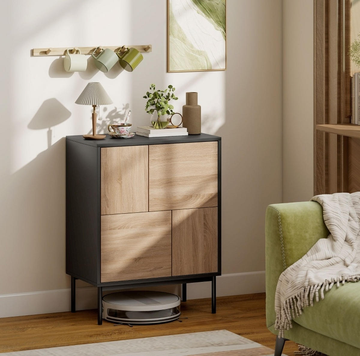 SIDEBOARD mit Push-to-open-Funktion, 4 geschlossenen Fächern und Metallbeinen aus MDF-Holzwerkstoff, Schwarz/Naturholzoptik - Schwarz, Holz (60/78/35cm) - Redom