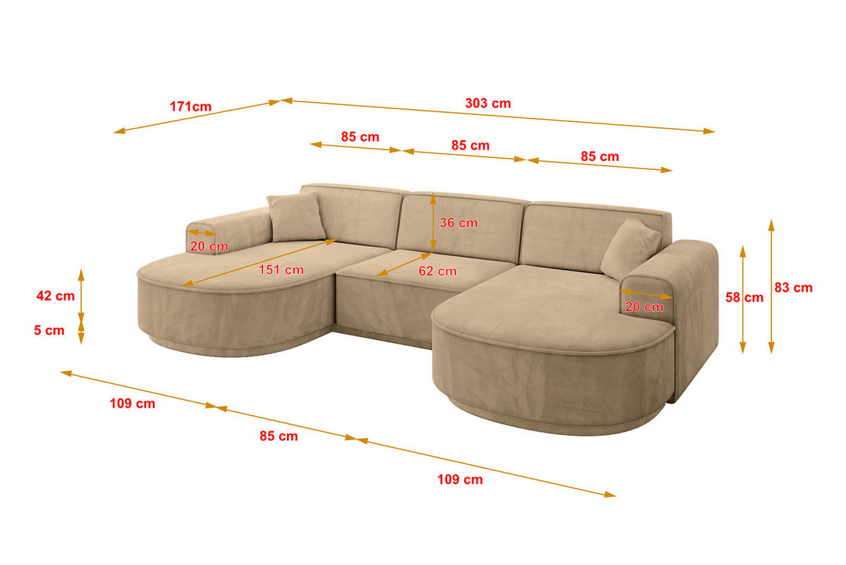 WOHNLANDSCHAFT MARI-U1-v3 - 303x171x83 cm Taupe Velours - Taupe/Schwarz, Holzwerkstoff/Kunststoff (303/83/171cm) - ALTDECOR
