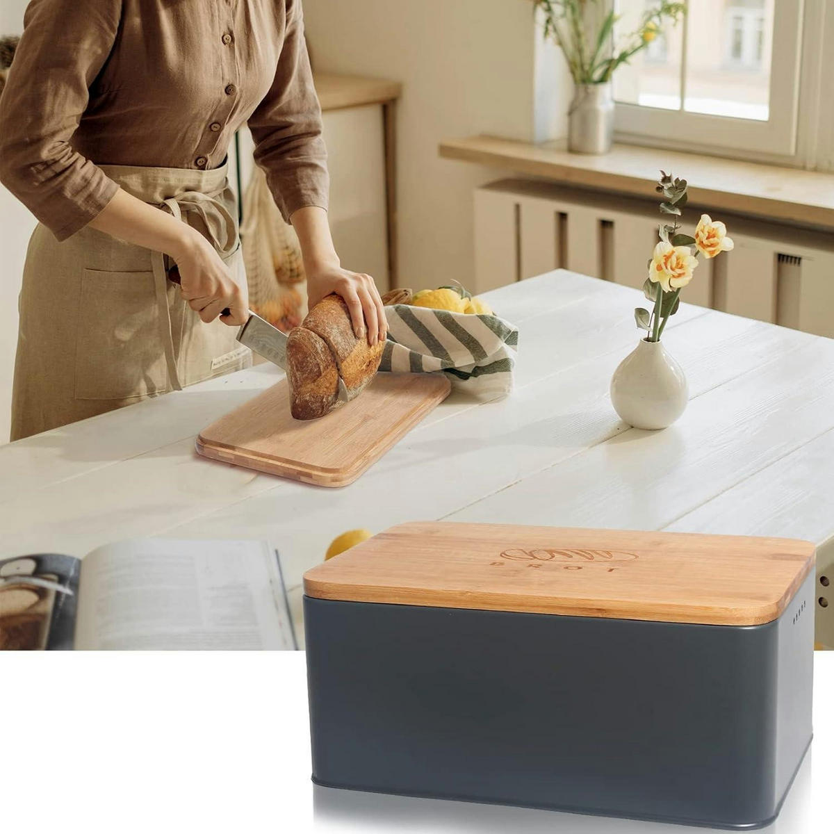 BROTKASTEN mit Schneidebrett 33 cm Grau - Multicolor, Naturmaterialien (21/15/33cm)