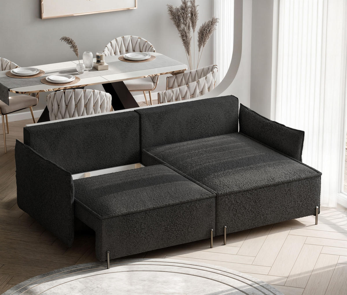 ECKSOFA MARCO Rechts, mit Schlaffunktion und Bettkasten, Anthrazit - Anthrazit, Textil/Metall (221/148cm) - Idohome