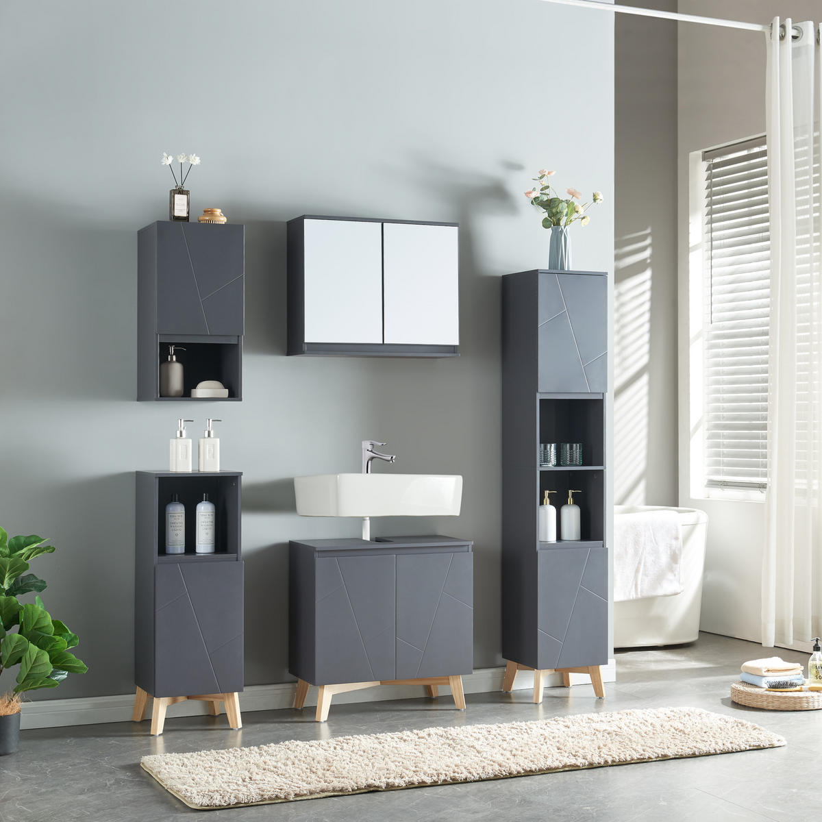 WASCHBECKENUNTERSCHRANK Overath - Naturfarben/Grau, Eichenholz/Holzwerkstoff (60/60/30cm) - [en.casa]