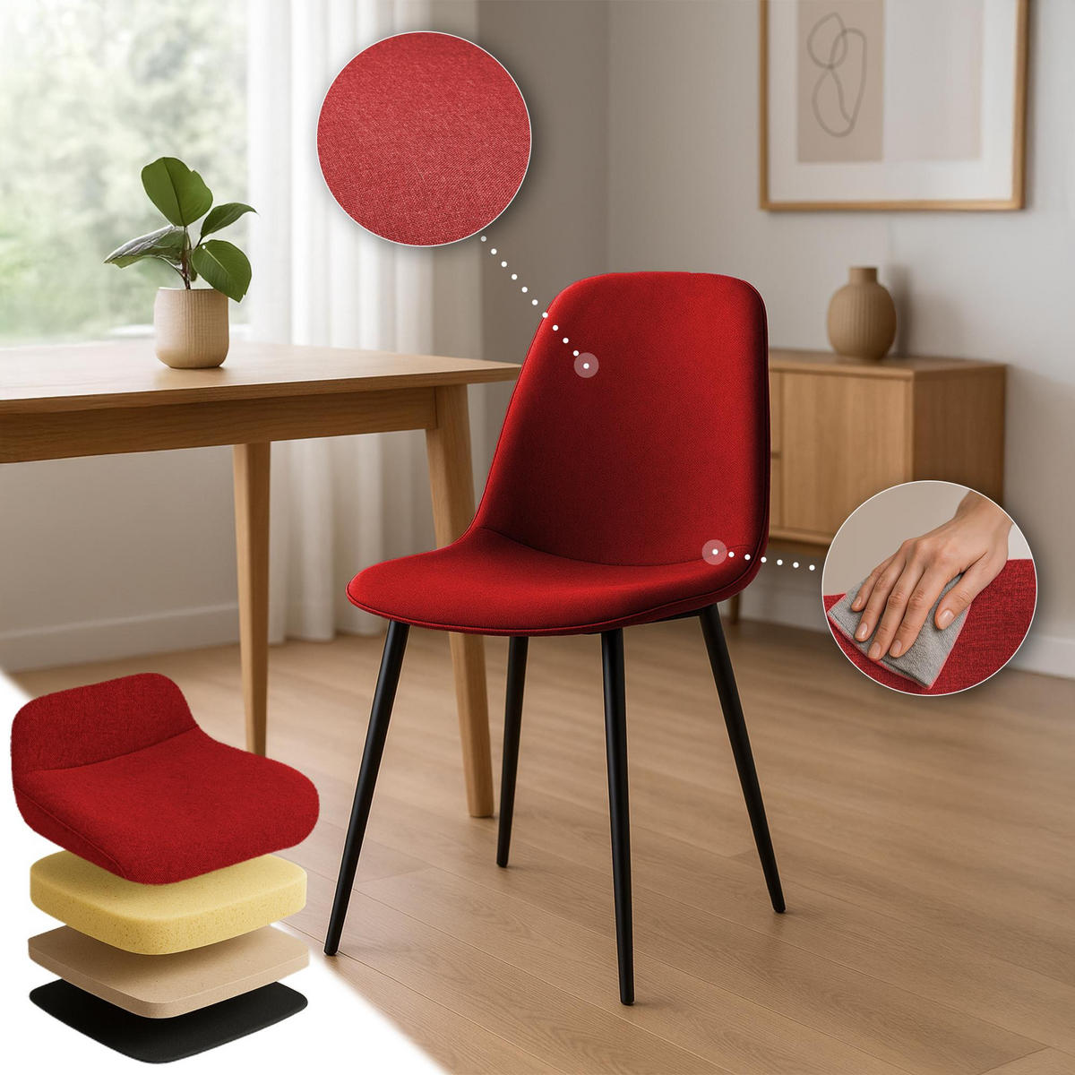 ESSZIMMERSTUHL 4er Set Stoff Rot - Rot/Schwarz, Textil/Metall (45/88/54cm) - CLP