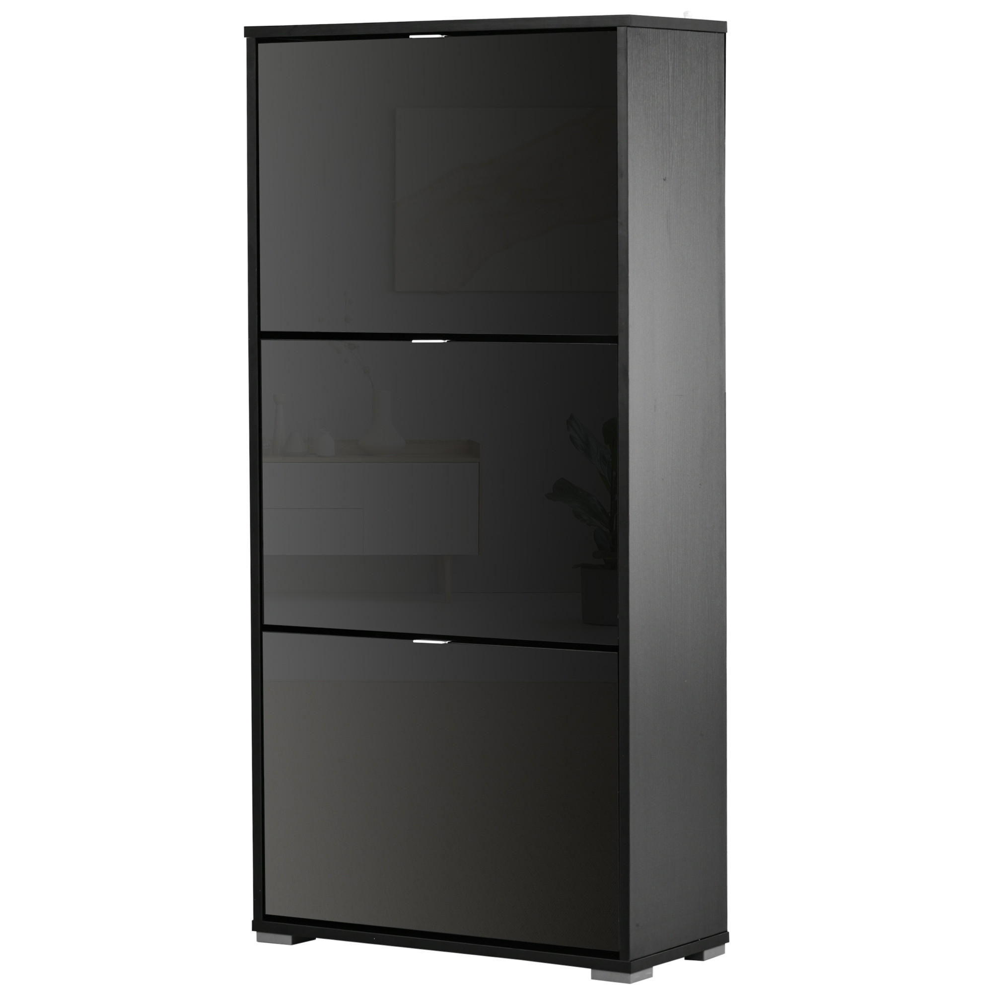 SCHUHSCHRANK DE-14970 3 Klapptüren mit 3 Fächern Schwarz Hochglanz - Schwarz, Holzwerkstoff (60/124/26cm) - ComfortXL