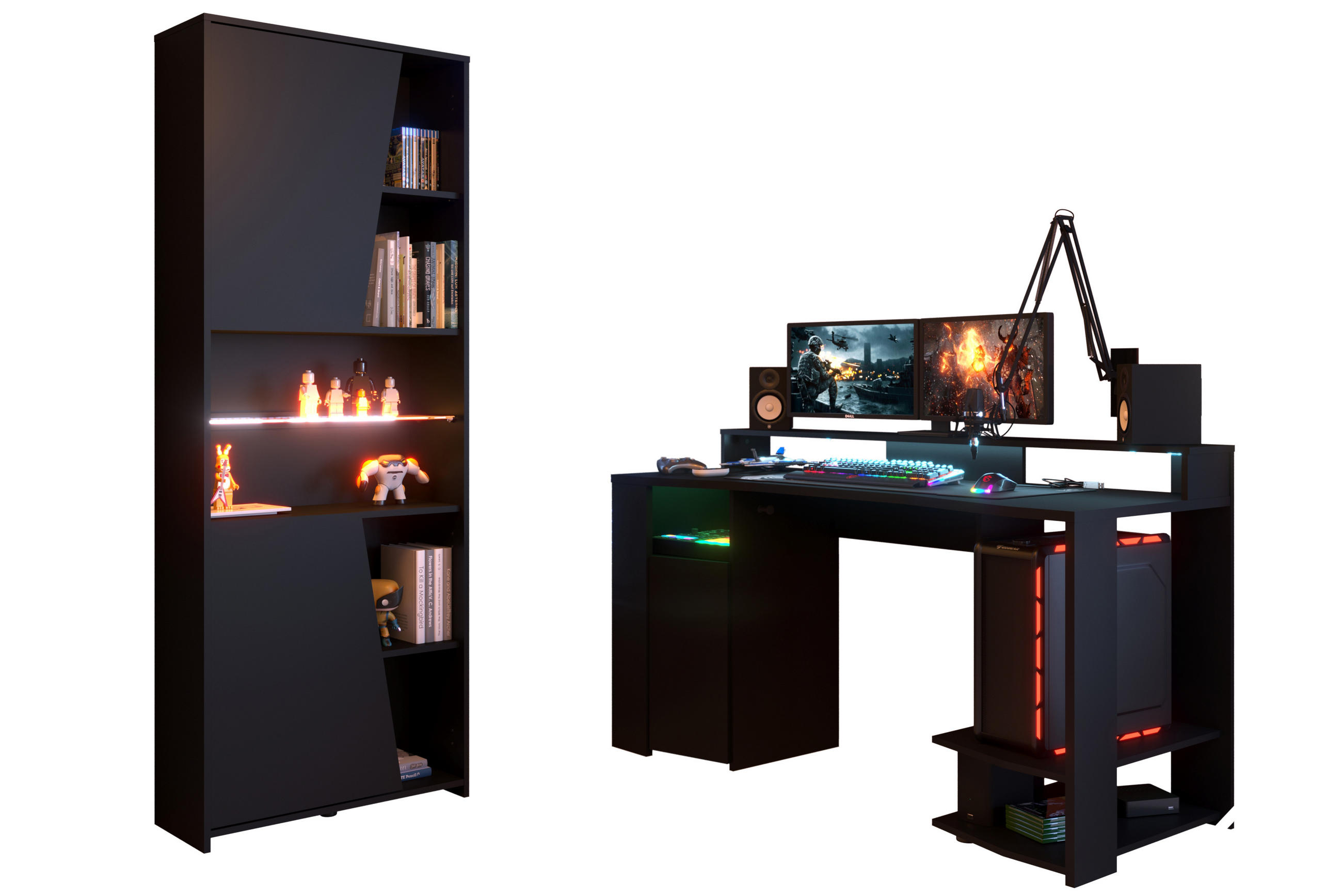 GAMING MÖBEL 2 in Schwarz 2 teilig Gamingzimmer mit Beleuchtung - Schwarz, Holzwerkstoff (120/200/80cm)