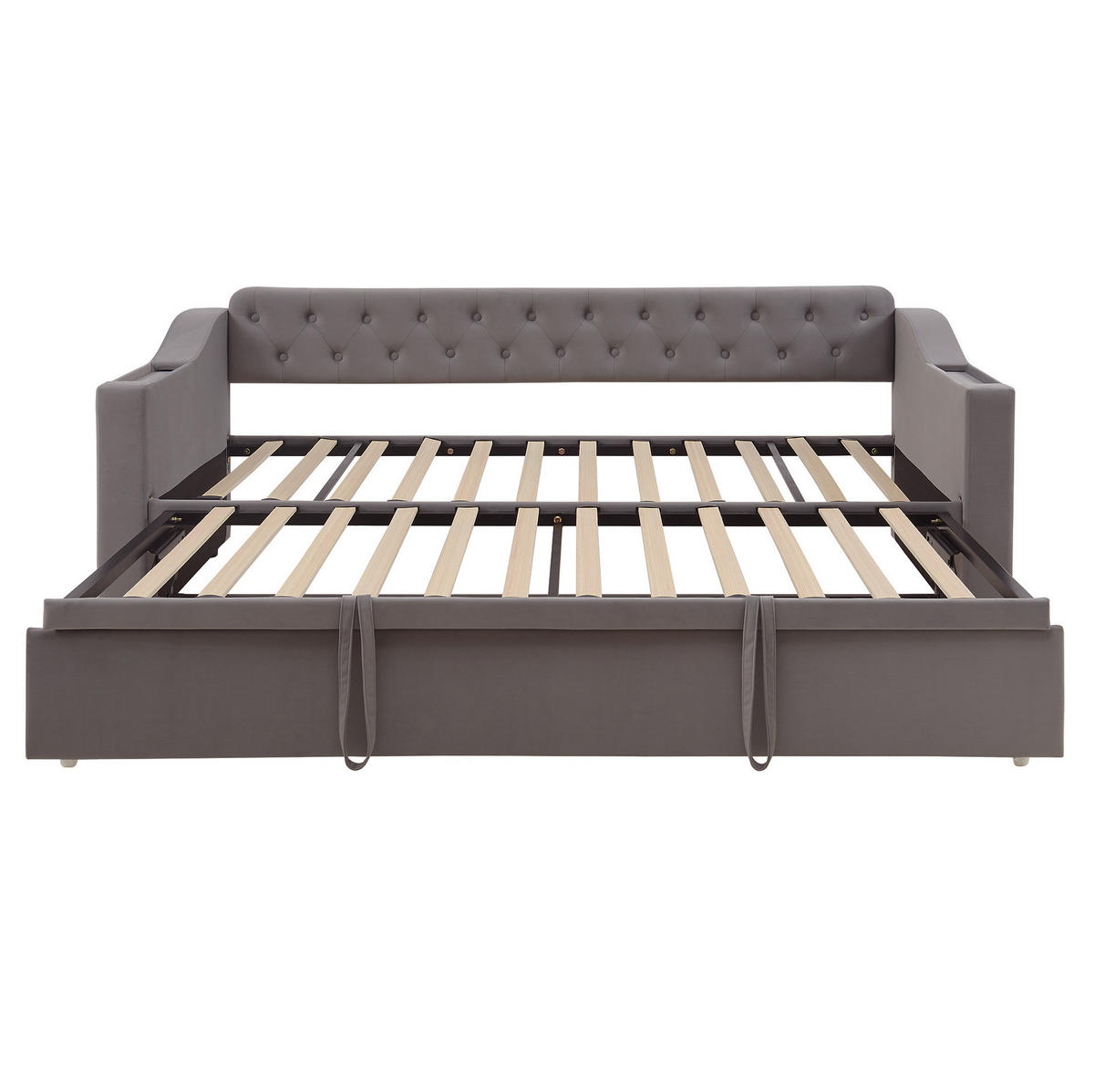 POLSTERBETT 90/190 cm mit Ausziehfunktion, USB- und Typ-C-Anschluss, Stauraumarmlehnen und Samtbezug, Grau - Dunkelgrau, Textil (90/190cm) - Redom