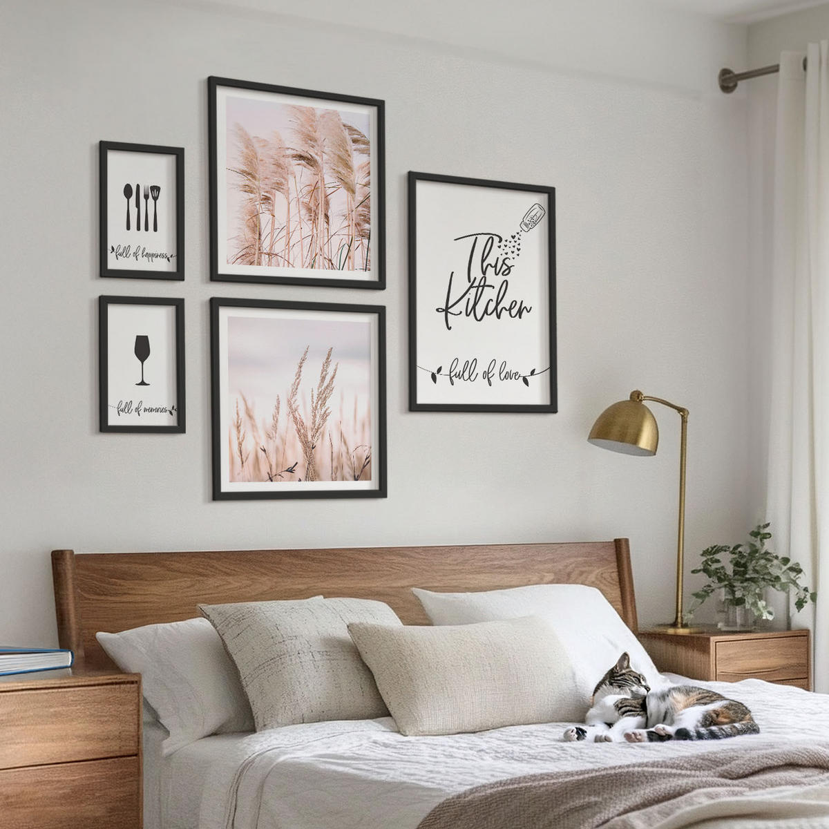 BILDER SET 5er Set - 50x50 cm & 20x30 cm & 40x60 cm Schwarzer Rahmen - Abstrakte Blattmalerei - Schwarz, Kunststoff (40/60cm) - TULUP