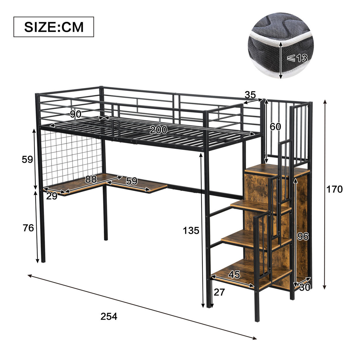 HOCHBETT aus Metall 90x200 cm Schwarz/Dunkelwalnuss mit Kleiderschrank und Schreibtisch - Schwarz, Holzwerkstoff (90/200cm) - IVMEU