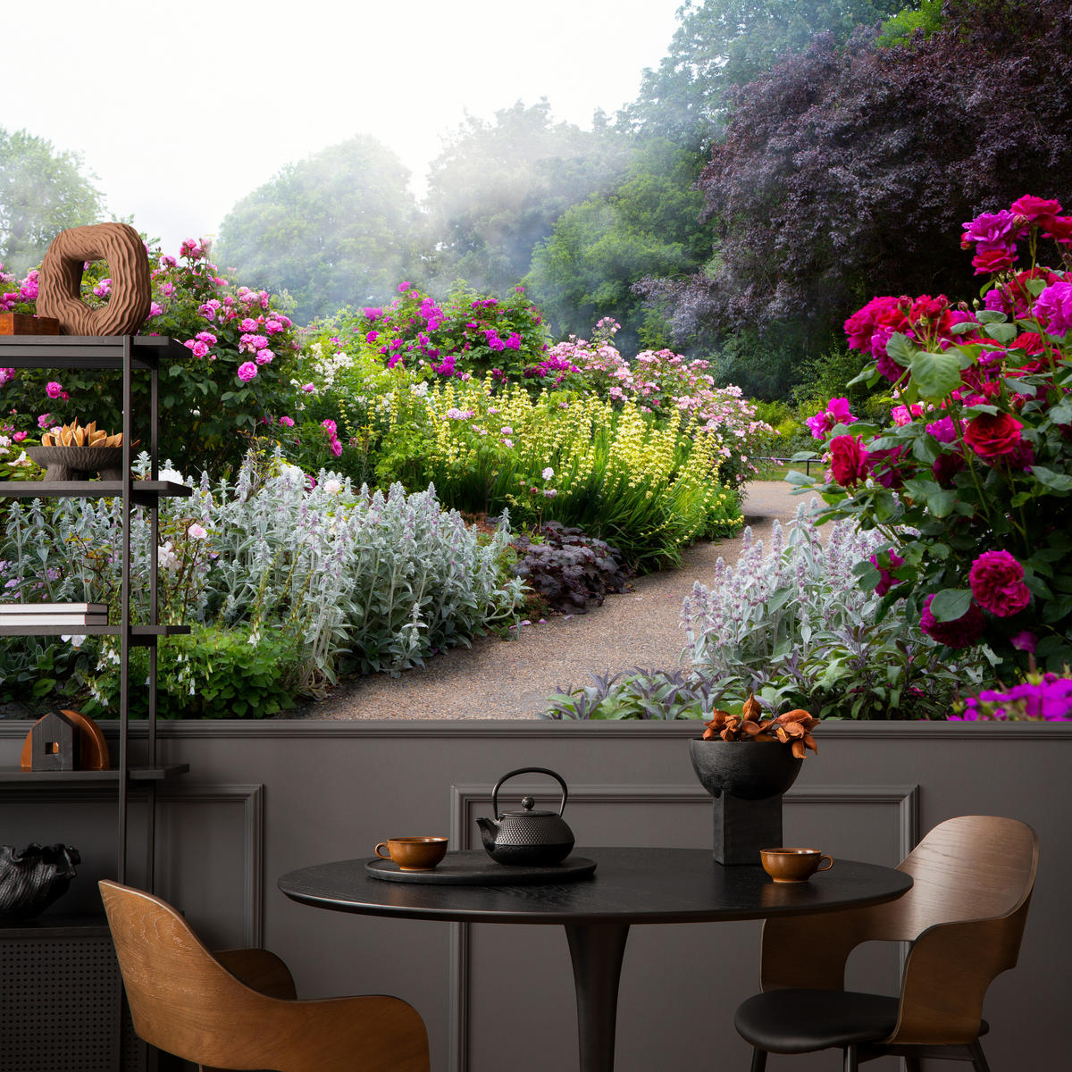 FOTOTAPETE für Schlafzimmer Bunte Blumen Waldweg Rosen Bäume 450x315 - Gelb/Violett, Papier (450/315cm) - Muralo