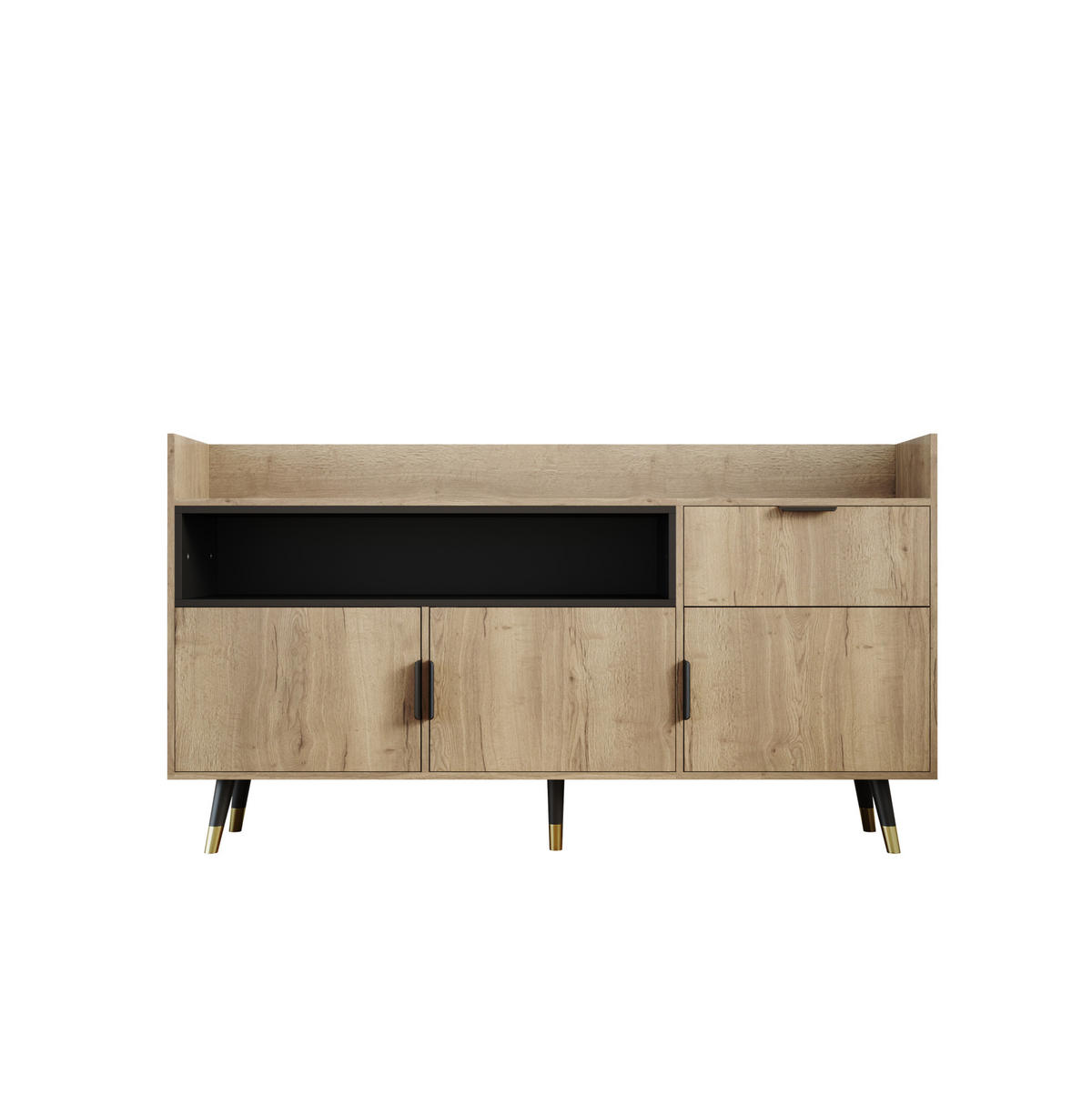 SIDEBOARD aus Holzwerkstoff 160x35x82 cm Natur mit LED-Beleuchtung, Schublade, offenen Fächern und Türfächern - Naturfarben, Holzwerkstoff (160/82/35cm) - Modfu