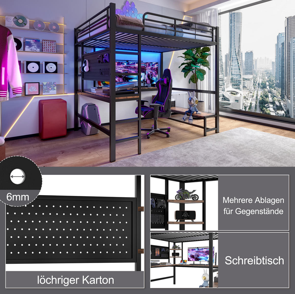 HOCHBETT 140/200 cm mit Schreibtisch, Regalen, Lochwand, LED und USB-/Type-C-Anschluss, Metall/MDF, Schwarz - Schwarz, Metall (90/200cm) - Redom