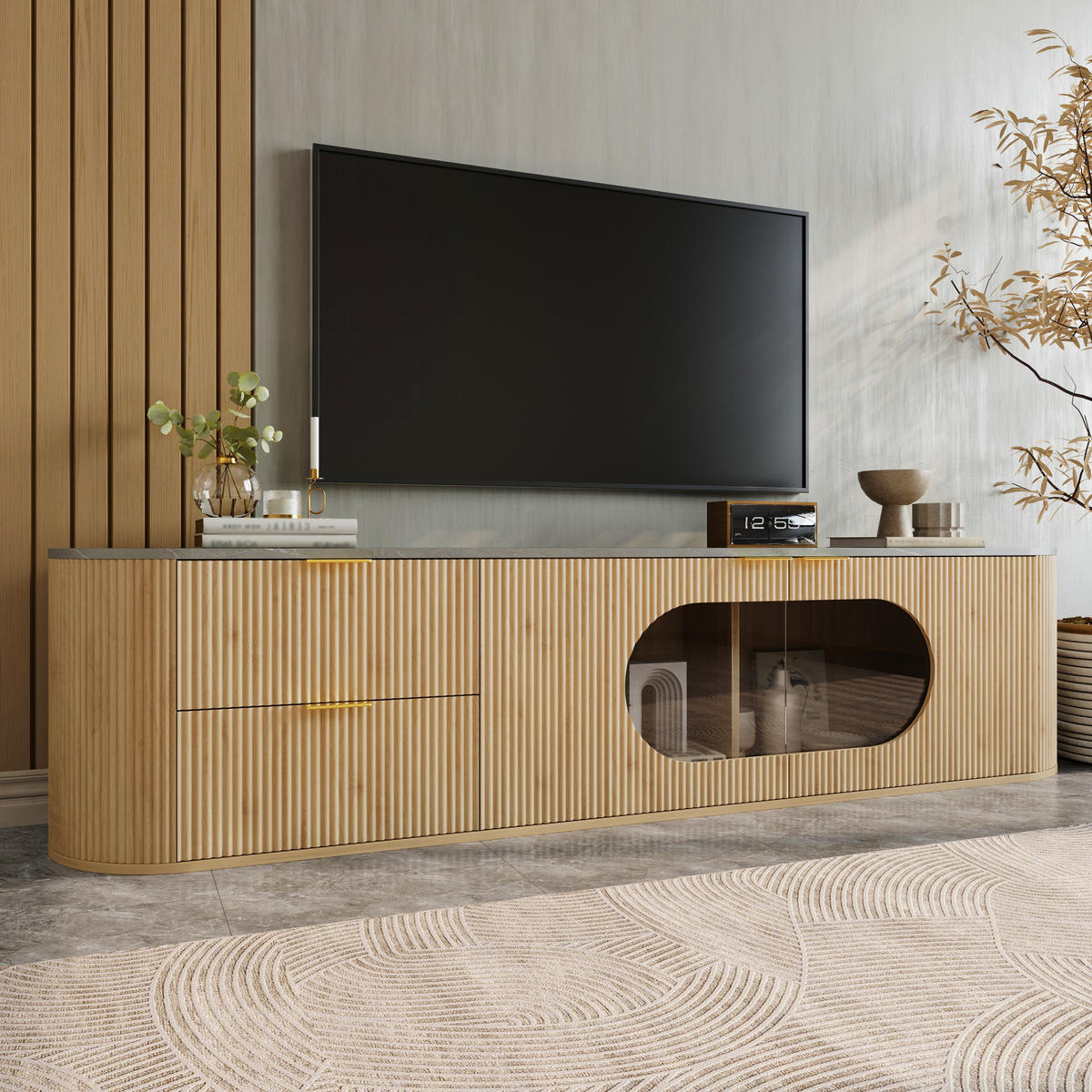 TV-SCHRANK Lowboard Holzoptik 3D Streifen Glasvitrine - Naturfarben, Holz (172/45.5/38cm) - LEBENLANG