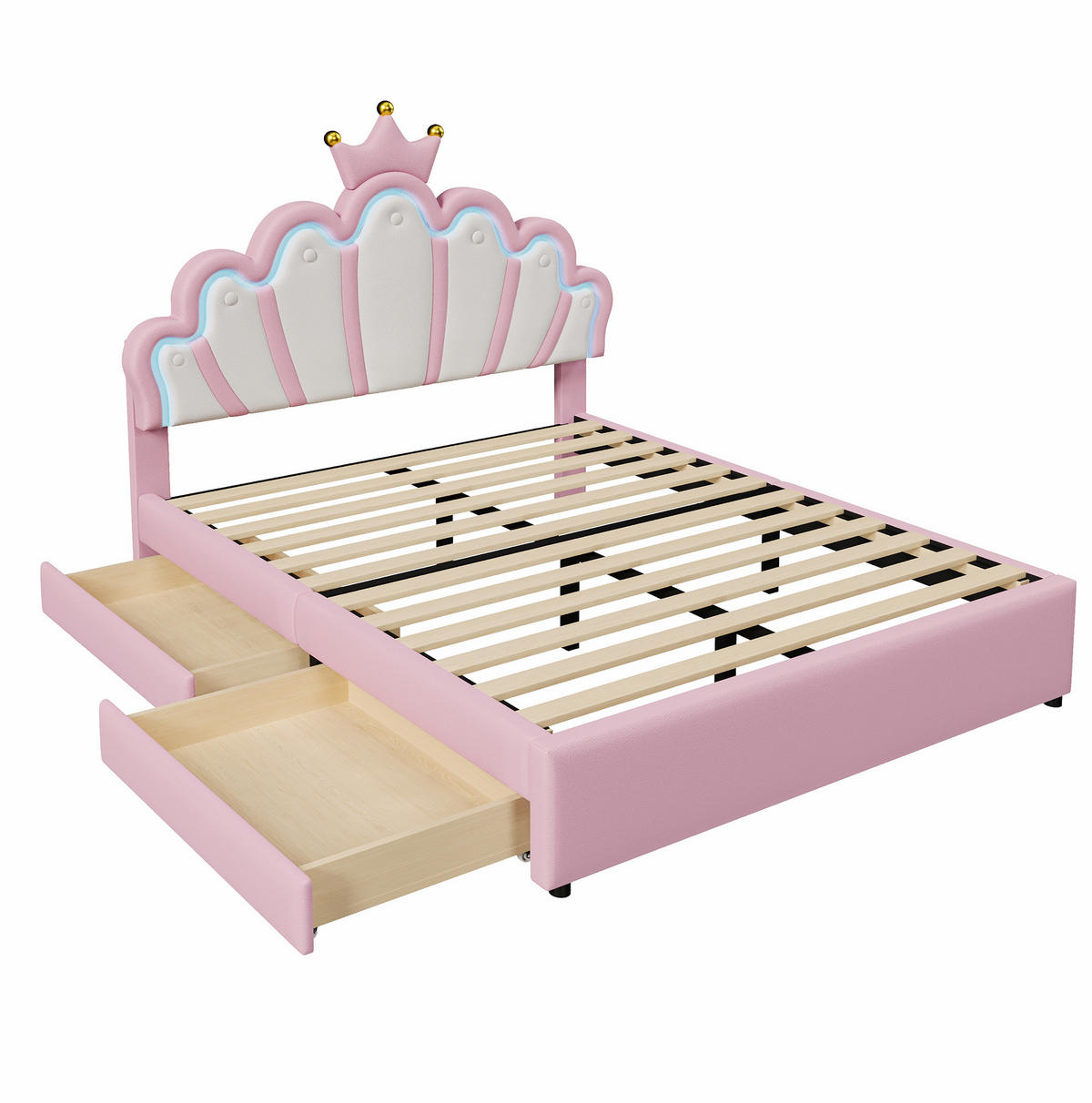 POLSTERBETT aus PU und MDF 140x200 cm Rosa mit verstellbarem Kopfteil, LED-Beleuchtung und 2 Schubladen - Rosa, Kunststoff (140/200cm) - Modfu