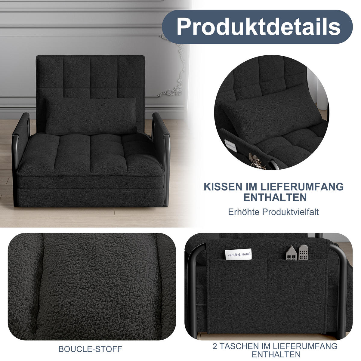 SCHLAFSOFA 5-fach verstellbar, Multifunktional, Schwarz Bouclé-Stoff - Schwarz, Holz (78/55/180cm)