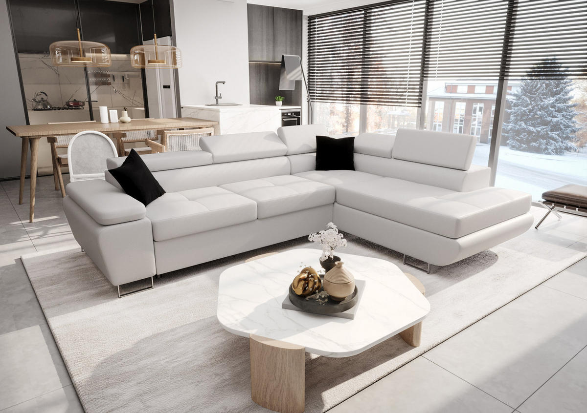 ECKSOFA KONGO RBN04, Eckcouch in L-Form mit Schlaffunktion, Farbe: Weiß, Kunstleder, Ottomane Rechts - Weiß, Textil (272/200cm) - O-Sofa