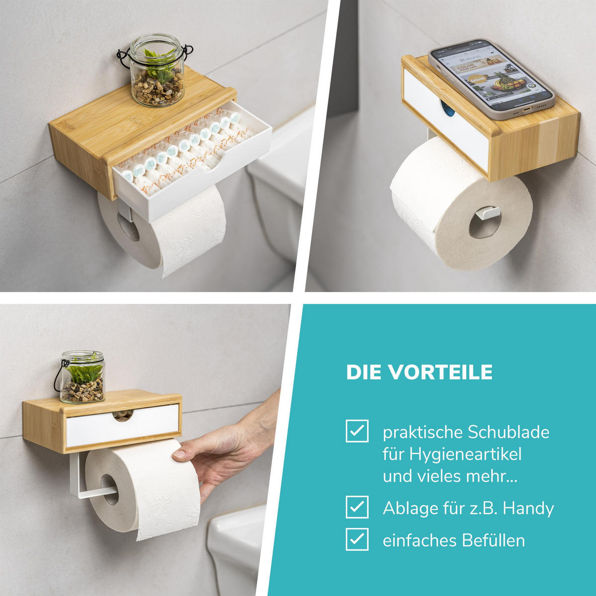 TOILETTENPAPIERHALTER 3in1 Bambus/Metall weiß - Weiß, Holz (18.5/13/10.5cm) - eluno