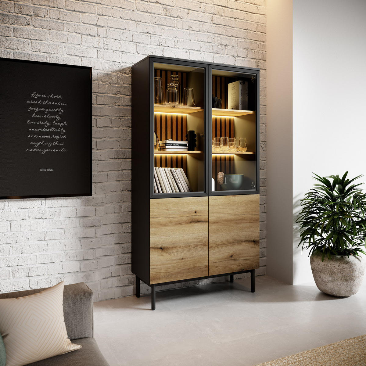 VITRINENSCHRANK 100 cm Jotare mit LED-Beleuchtung, Schwarz, Eiche Evoke - Schwarz, Holz (100/188/39cm) - Emporius