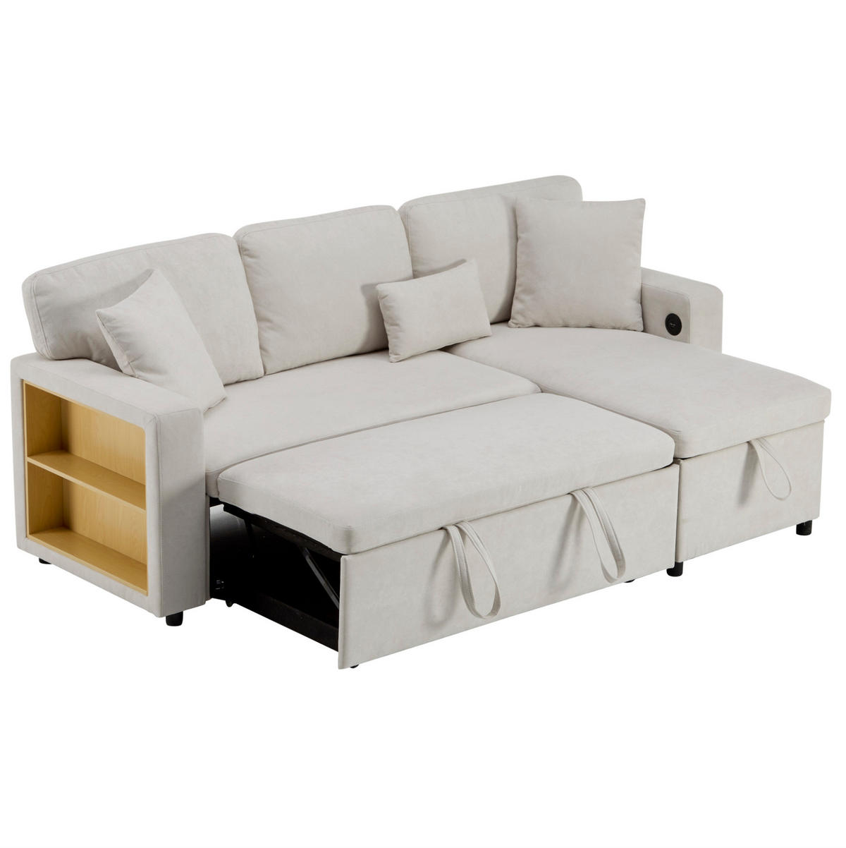ECKSOFA L-Form Schlafcouch mit Stauraum und USB-Anschluss Samt Beige 214/131/87 cm - Beige, Textil (214/131cm) - OKWISH