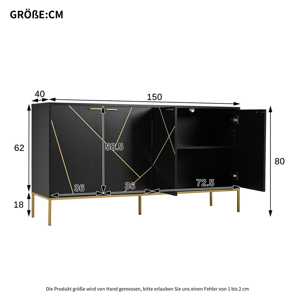 SIDEBOARD in Schwarz Standschrank mit 4 Türen & Metallfüßen für Wohnzimmer, TV-Bereich, B150/T40/H80cm - Goldfarben/Schwarz, Holzwerkstoff/Metall (150/80/40cm) - STILVORA
