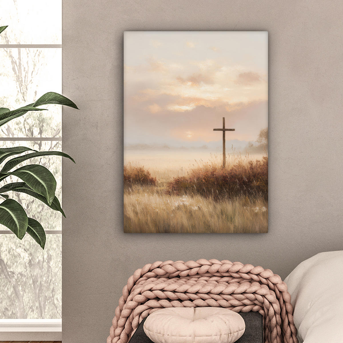 LEINWANDBILD Gras - Morgennebel - Kreuz - Christentum Wandbild Wohnzimmer 60x80 cm - Beige, Textil (60/80cm) - MuchoWow