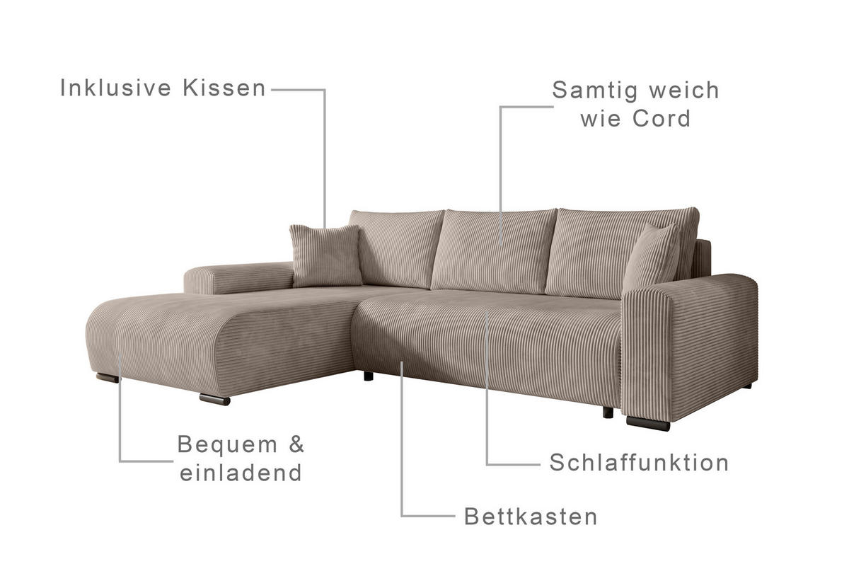 ECKSOFA Nelly mit Bettkasten und Schlaffunktion, Cordstoff in L-Form - Beige, Textil (270/185cm)
