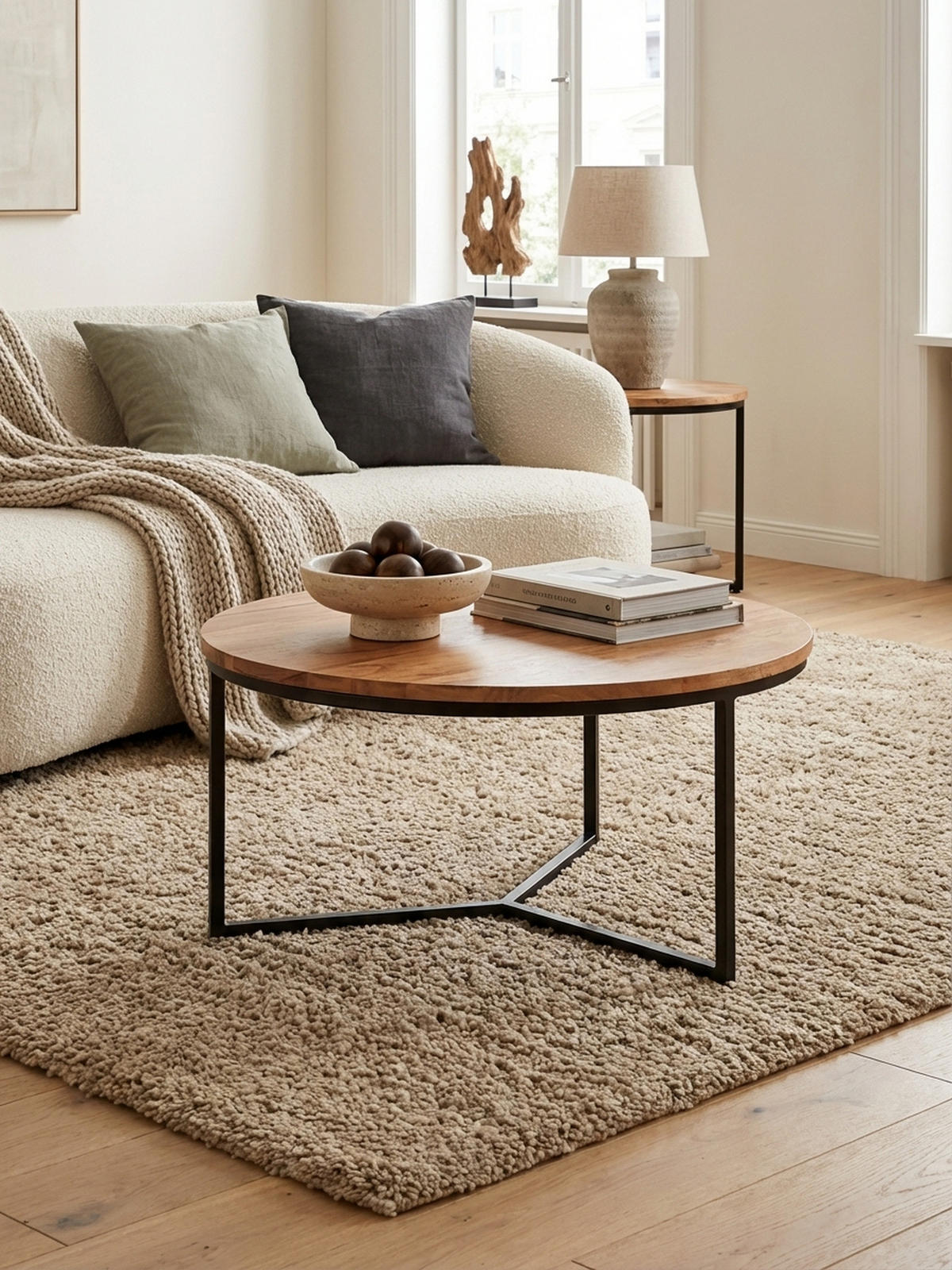 COUCHTISCH aus Akazienholz mit robustem Eisengestell und integriertem Stauraum - Beige/Schwarz, Holz/Metall (60/60/38cm) - KADIMA DESIGN