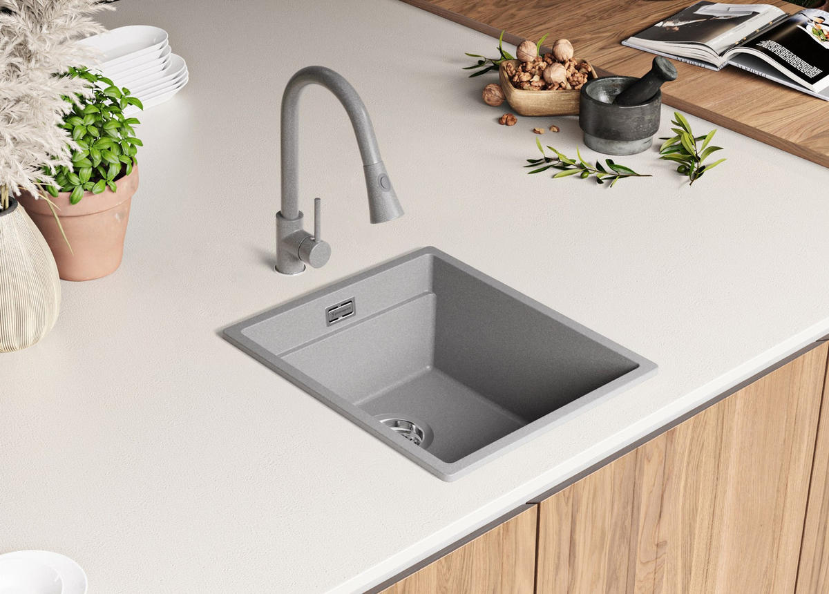 GRANITSPÜLE Praga Slim, 2-er set Grau 41/47 cm 1 Becken + Küchenarmatur 40/20 cm + Ablauf-Set + Aufrollbare Abtropffläche ab 45er Unterschrank - Chromfarben/Grau, Kunststoff (41/20/47cm) - Primagran