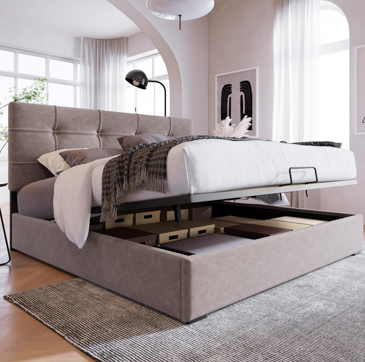 BETT mit Bettkasten 140x200 cm Samt Light Grey - Hellgrau, Metall (140/200cm) - Meubliv