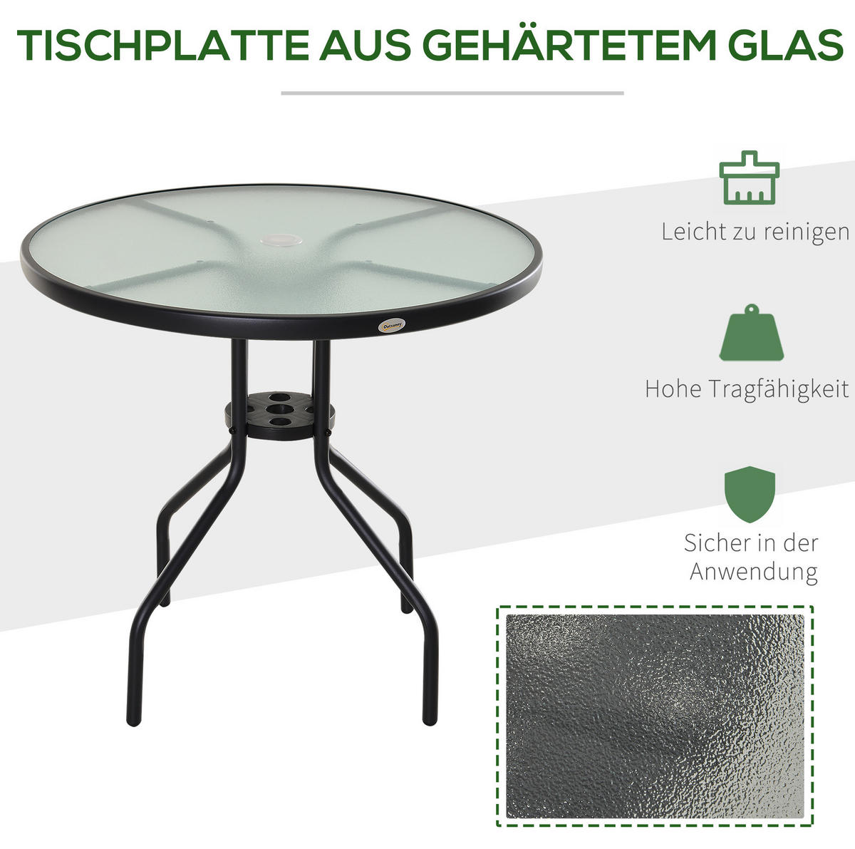 GARTENTISCH aus Metall 80x80x72 cm Schwarz mit Schirmloch und Glasplatte - Schwarz, Metall (80/80/72cm) - Modfu