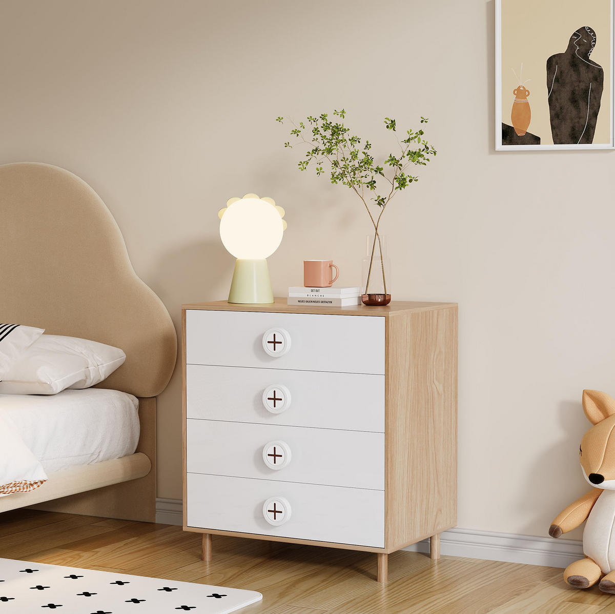 KOMMODE 80/54/90 cm in Weiß/Natur mit 4 Schubladen und Umfallschutz - Naturfarben, Holzwerkstoff (54/90/80cm) - Flora Grace