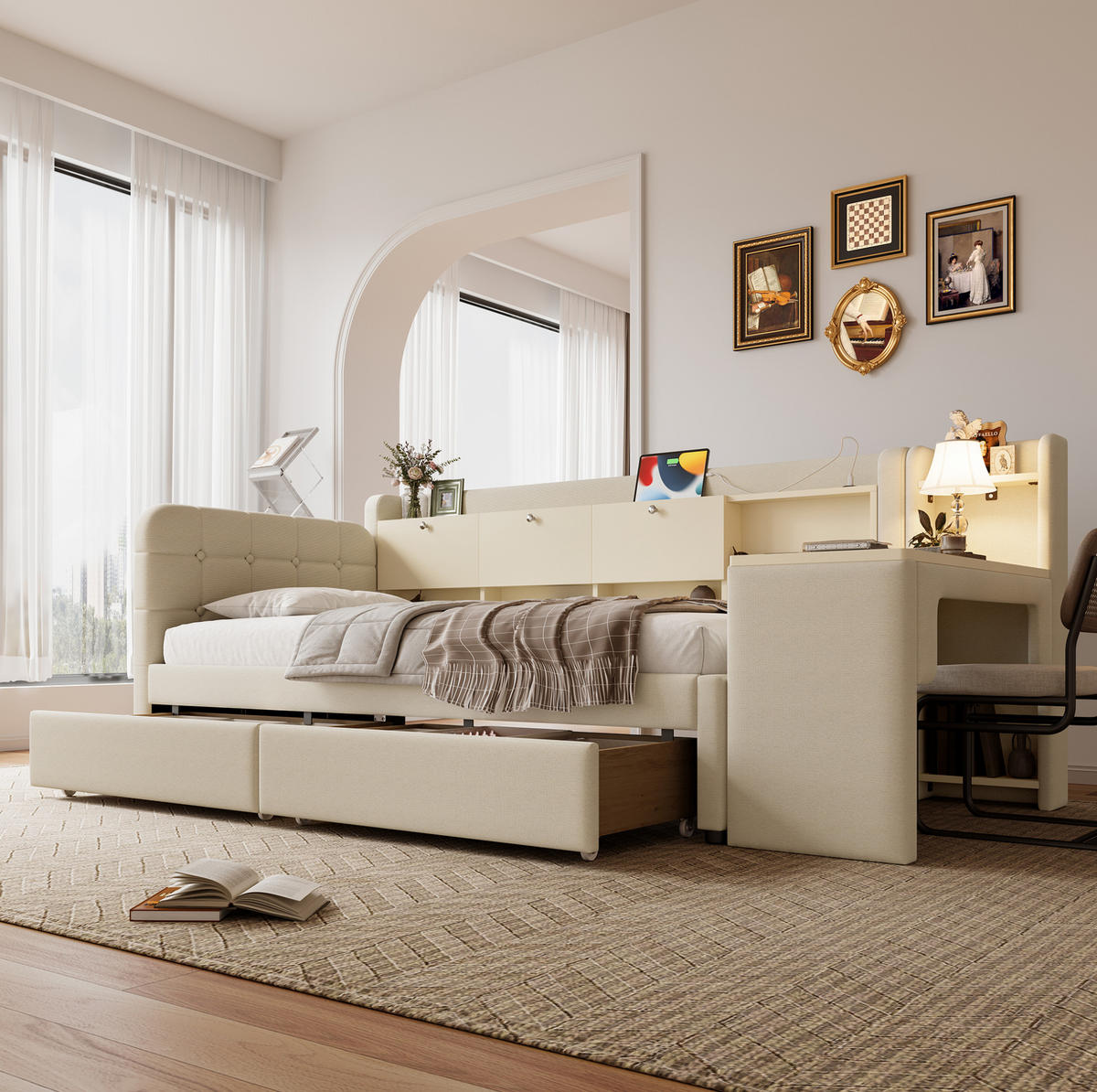 POLSTERBETT 90/200 cm mit Schreibtisch, 2 Schubladen, USB- und Typ-C-Anschluss, Leinenbezug, Beige - Beige, Textil (90/200cm) - Redom